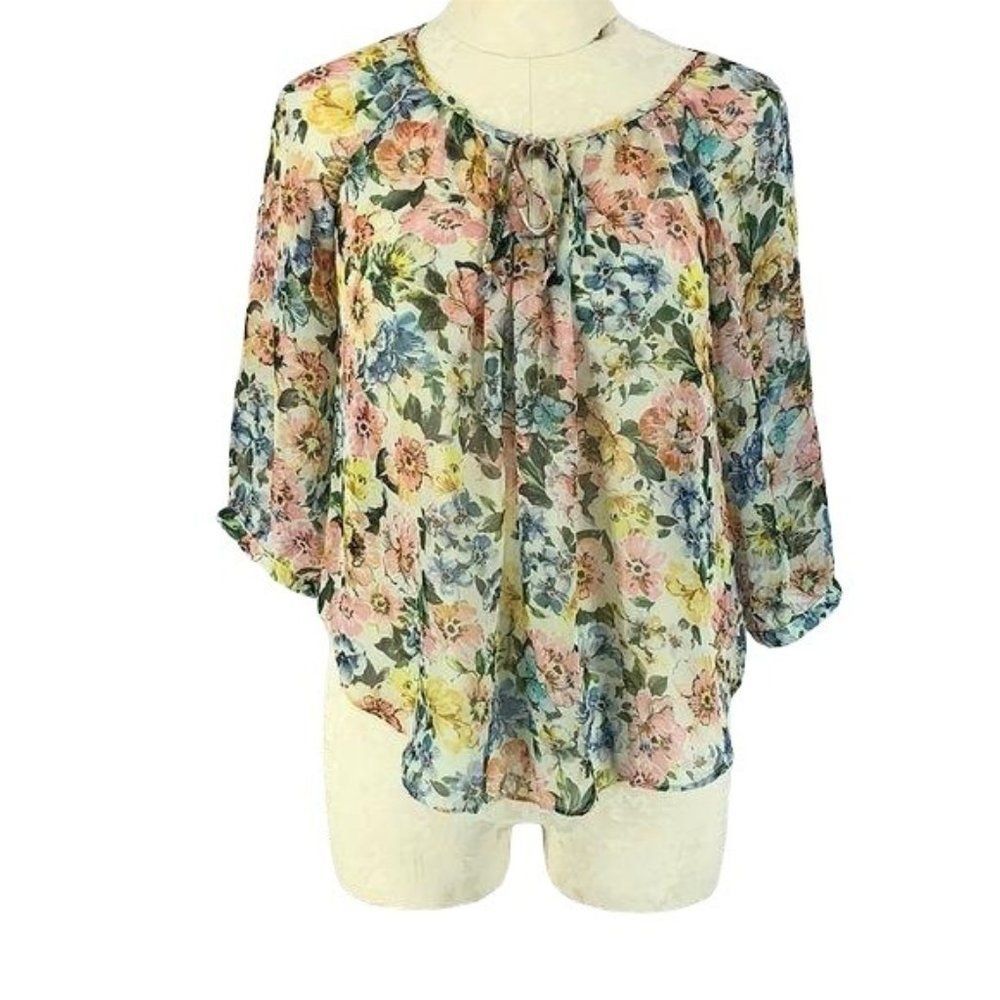 Iz Byer Floral Chiffon Blouse with Lace Back Yoke Multi-Color 3/4 Sleeve Small